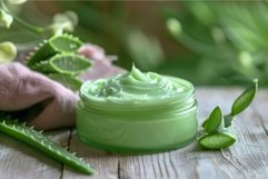 Aloe vera gel cosmetic cream in jar sitting on wooden table Product Image 1