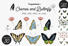 Cosmos Flower and Butterflies SVG Clipart & Patterns Product Image 1