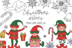 Christmas Elves - Cute Winter Elf Line Art Clipart & Pattern Product Image 1
