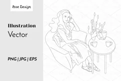 Black and white line art Girl in Cafe coloring page vector Product Image 1