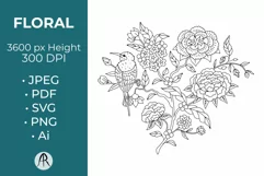 Floral Motif with Bird SVG | Monochrome Line Art Flowers Product Image 1