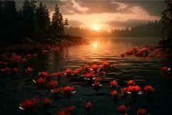 Serene lake at sunset with water lilies Product Image 1