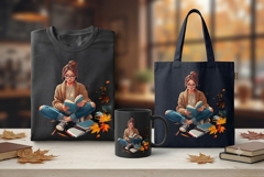 Cozy Reading Girl PNG Fall Book Lover Clipart Sublimation Product Image 1