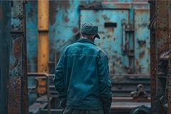 Back view of a worker in blue overalls standing in front of Product Image 1