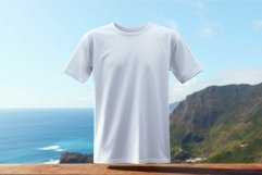 Blank white t-shirt mockup with scenic coastal background Product Image 1