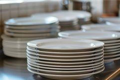 Stacked ceramic dishes on kitchen counter Product Image 1