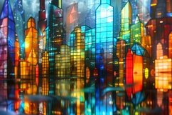 Stained Glass Colorful City Skyline Background Wallpaper Product Image 1