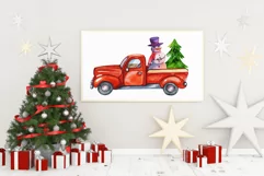 Red Truck. Watercolor Christmas Clipart. Christmas Card. Product Image 5