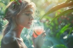Serene woman enjoying drink in sunlit garden Product Image 1