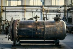 Large rusty industrial autoclave standing on metal platform Product Image 1