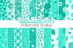 Aqua Floral digital paper Turquoise Floral pattern Flowers Dhalia Leaves Damask Calico background Instant Download Personal &amp; Commercial Use Product Image 1