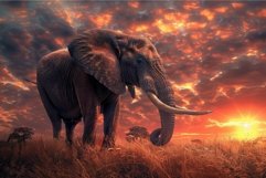 Majestic elephant stands against a dramatic sunset sky in th Product Image 1