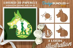 Papercut 3D Layered Girl with Pet Dog and Flowers Template Product Image 1