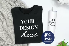 Black T-shirt & Tumbler Mockup, Black Folded T-shirt Mockup Product Image 1