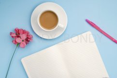 White open notebook for notes, white cup of coffee with milk Product Image 1