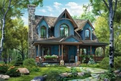 Charming blue cottage surrounded by lush greenery invites yo Product Image 1
