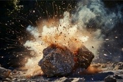 Powerful blast shatters a large rock, sending debris flying Product Image 1