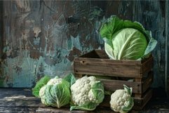 Fresh green cabbage and caulifower heads in old wooden crate Product Image 1