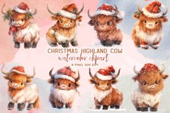 Cute Christmas Highland Cow Watercolor Clipart Product Image 1