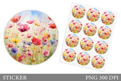 Wildflowers Sticker Template. Flowers Round Sticker Design Product Image 1