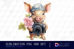 Watercolor Baby Pig With Camera Sublimation Art Product Image 1