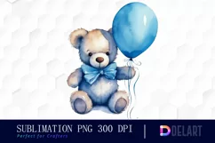 Watercolor Teddy Bear Blue Balloons PNG Clipart Product Image 1