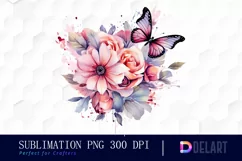 Watercolor Flowers with Pink Butterflies Clipart Product Image 1