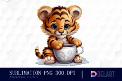 Watercolor Baby Tiger With A Coffee PNG Clipart Design Product Image 1