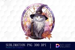 Watercolor Stained Glass Witch Cat Clipart Design Product Image 1
