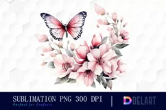 Watercolor Flowers with Pink Butterflies Clipart Design Product Image 1