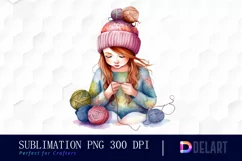 Knitting a Girl Watercolor Illustration Clipart Product Image 1