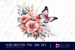 Watercolor Flowers with Pink Butterflies PNG Clipart Product Image 1