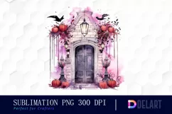 Watercolor Apartment Pink Door Halloween Sublimation Art Product Image 1