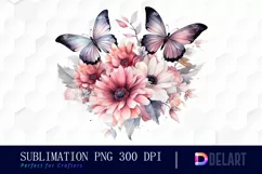 Watercolor Flowers with Pink Butterflies Sublimation Product Image 1