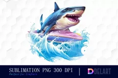 Watercolor Shark Rides On A Surfboard PNG Clipart Product Image 1