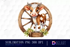 Watercolor Baby Cow Wooden Wheel Clipart Product Image 1