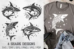 Tribal Shark Silhouette SVG | 4 Shark Designs PNG Product Image 1