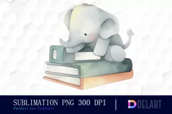 Watercolor Baby Elephant with Books Clipart, Sublimation Art Product Image 1