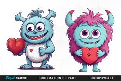 Watercolor Cute Cartoon Valentines Monsters Clipart Product Image 1