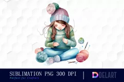 Knitting a Girl Watercolor Illustration PNG Product Image 1