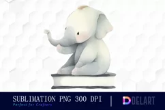 Watercolor Baby Elephant with Books Clipart, Illustration PN Product Image 1