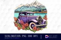 Car Flowers Retro Mountain Lake Clipart PNG Product Image 1