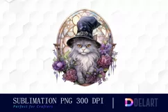 Watercolor Stained Glass Witch Cat PNG Clipart Product Image 1