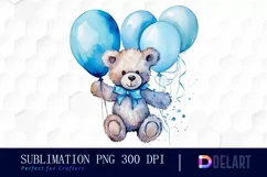 Watercolor Teddy Bear Blue Balloons PNG Clipart Product Image 1