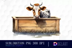 Cow in Water Wooden Trough Sublimation Clipart Product Image 1