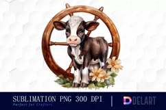 Watercolor Baby Cow Wooden Wheel Clipart Design Product Image 1