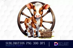 Watercolor Baby Cow Wooden Wheel Sublimation Clipart Product Image 1