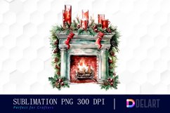 Watercolor Fireplace Decorated Christmas Clipart Design Product Image 1
