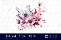 Watercolor Flowers with Pink Butterflies PNG Clipart Product Image 1