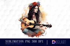 Hippie Woman Playing Watercolor Clipart PNG Product Image 1